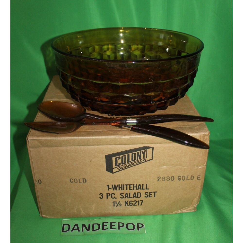 Whitehall Colony Gold Amber Glass Diamond Pattern 3 Piece Salad Set K6217